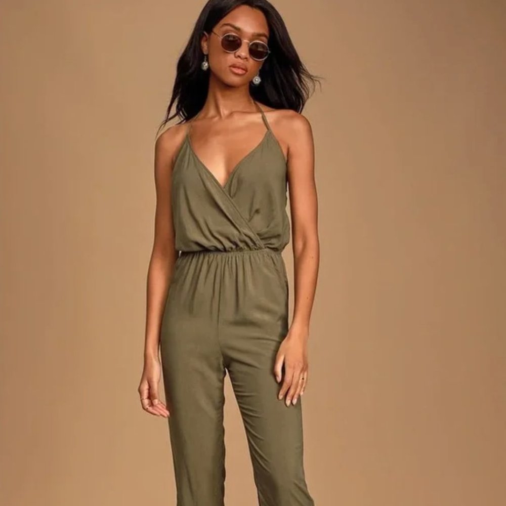 Lulu's Learning to Fly Olive Green Halter Jumpsuit Size Small